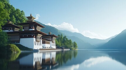 Fototapeta premium Serene Mountain Lake Temple