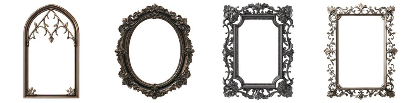 Collection of vintage ornate picture frames in various decorative architectural styles such as baroque rococo gothic and neoclassical  These luxurious elegant frames can be used for wall decor