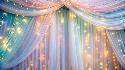 Elegant draped fabric with fairy lights in soft pastel colors.