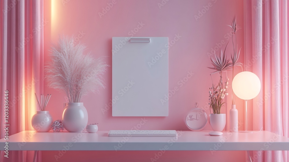 Poster sleek 3d render of a white clipboard placed on a soft pink minimalistic background with clean lines 