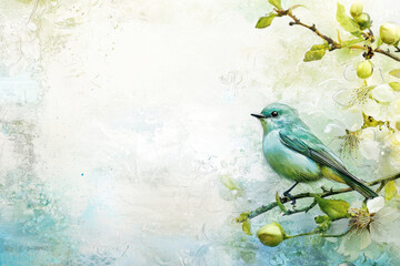 Obraz premium Spring bird and flowering tree branch on watercolor background. Free space for message for Wedding Day, for Valentine Day.
