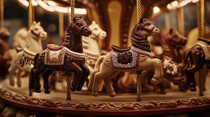 Chocolate carousel featuring rotating animal figures crafted from dark, milk, and white chocolate, spinning under gentle, warm lighting