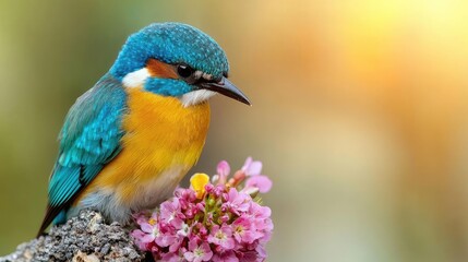Fototapeta premium Colorful bird perched on flowers, sunset background, nature photography, website banner
