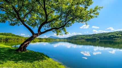 Obraz premium Serene Riverside Retreat, a tranquil riverside scene adorned with lush greenery, gentle water flow, and a peaceful atmosphere perfect for introspection.