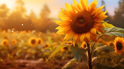 Obraz premium Detailed Close Up Shot of a Beautiful Vibrant Sunflower Blooming in an Autumnal Field Landscape