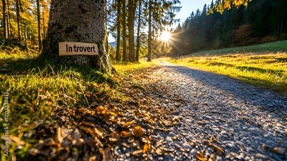 Poster serene forest path with introvert carving, a tranquil trail surrounded by lush trees, inviting solit