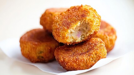 Crispy fried fish cakes on plate, close-up shot. Food photography for recipe websites or cookbooks