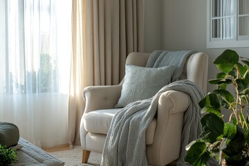Fototapeta premium A serene family living space with muted tones, layered curtains, and a cozy armchair for relaxing moments