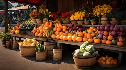 Fototapeta premium Lush and Colorful Autumn Market Stall Bursting with a Bountiful Display of Pumpkins Apples and Other Fresh Fall Produce for Sale