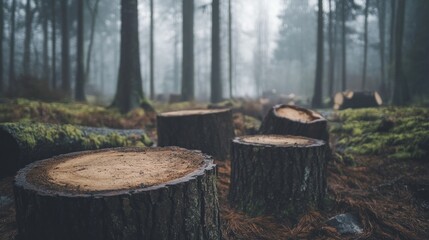 Fototapeta premium A stark image of tree stumps and cut logs in a forest clearing, symbolizing the devastating effects of illegal deforestation activities