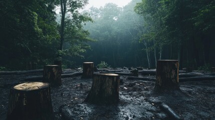 Fototapeta premium A stark image of tree stumps and cut logs in a forest clearing, symbolizing the devastating effects of illegal deforestation activities