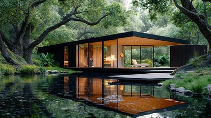 Obraz premium Modern house surrounded by nature, reflecting in the serene water.