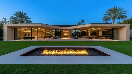 Obraz premium Modern luxury home with a fire pit and palm trees against a twilight sky.
