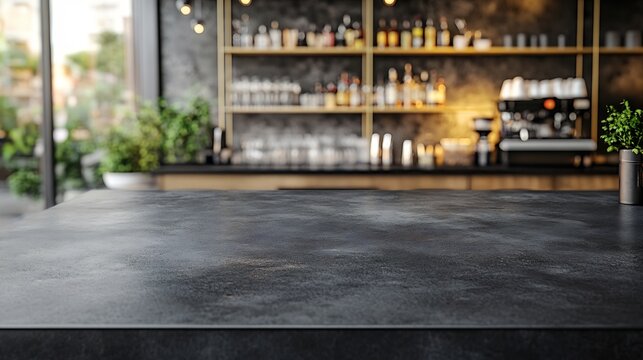 Sleek black concrete countertop positioned in a stylish bar setting ideal for product presentation The empty tabletop mockup contrasts with a softly blurred caf background enhancing focus on drinks