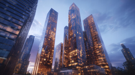 Obraz premium City Skyline at Blue Hour with Modern High-Rise Buildings