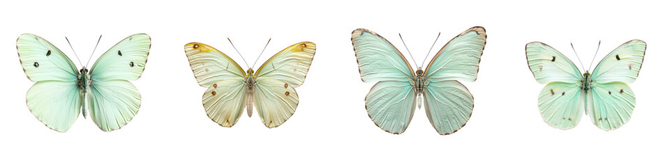 Obraz premium Collection of beautiful delicate green and white butterflies in various poses captured in flight against a natural and lush environment