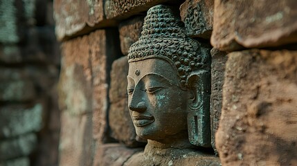 Obraz premium Ancient Stone Buddha Face, intricately carved, weathered by time, evoking peace and spirituality in a serene temple setting.