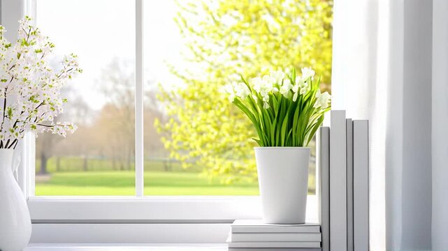 Light white curtains billowing gently from an open window, with a view of blooming trees and fresh spring air