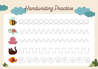 Flat Design Vector Cute Colorful Handwriting Practice Worksheet. Follow the Dots Tracing Printable for Kids. Fun Learning Writing and Motor Skills for Teachers, Students, and Homeschooling in A4 Size.