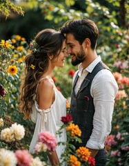 A Promise in Bloom: A romantic couple, beautifully dressed in a rustic fashion, stands amidst a vibrant field of wildflowers, their foreheads touching in a tender moment of love and connection.