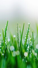 Obraz premium Dewy verdant grass blades sparkling under early sunlight, embodying fresh springtime vitality and natural awakening background