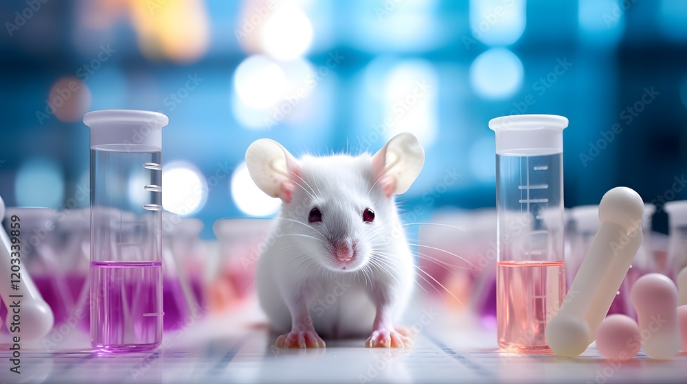 Poster close up shot of a white lab mouse resting on a research table with test tubes and scientific equipm