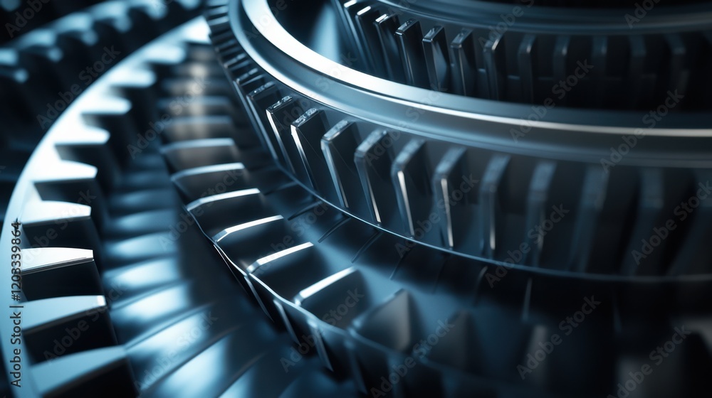 Poster close-up view of interlocking metallic gears showcasing intricate details and reflections