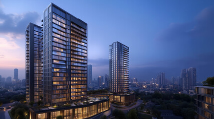Fototapeta premium City Skyline at Blue Hour with Modern High-Rise Buildings