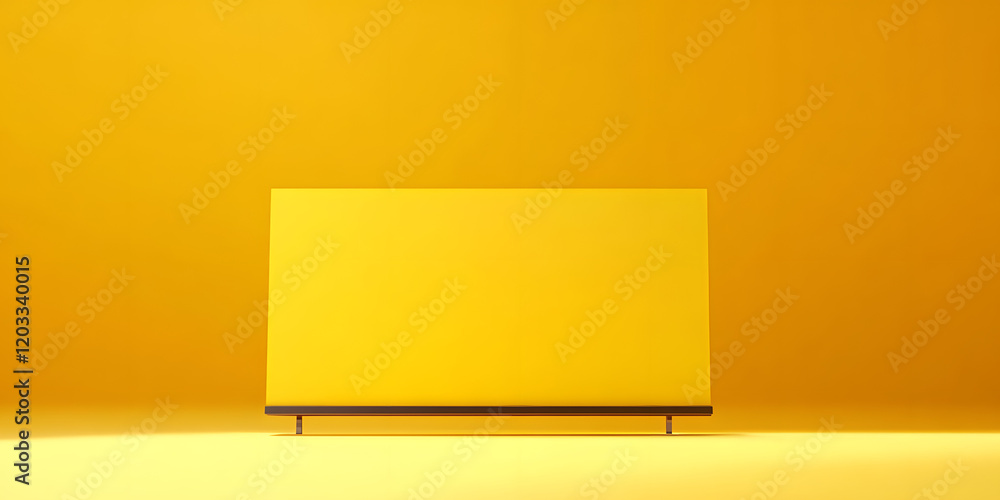 Poster blank yellow display on vivid summer background with minimal style. blank stand for showing product.