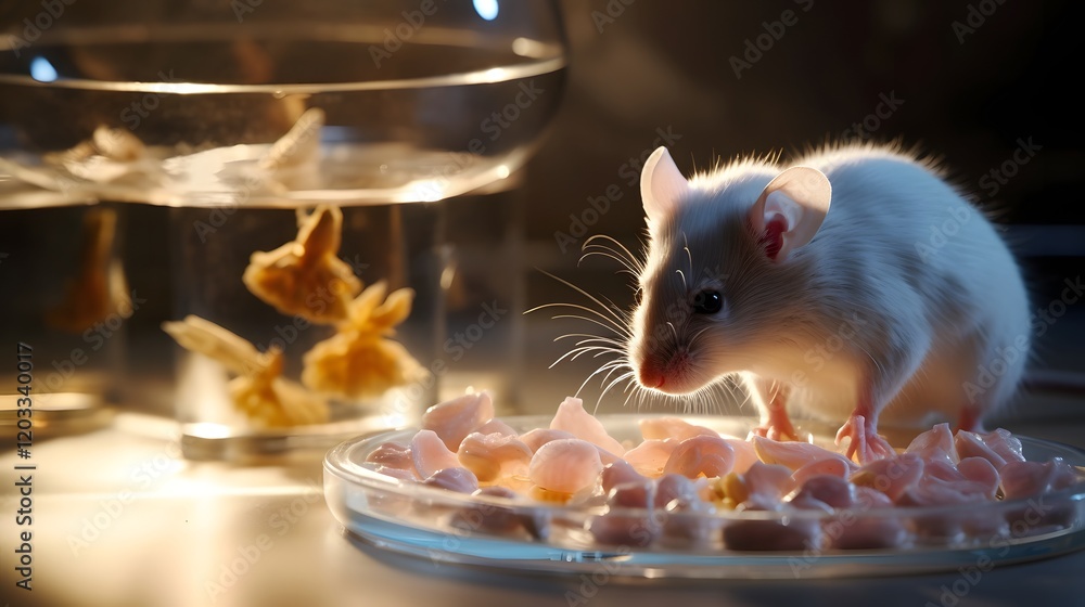 Poster close up view of a lab mouse curiously sniffing and investigating a food sample placed on a glass pe