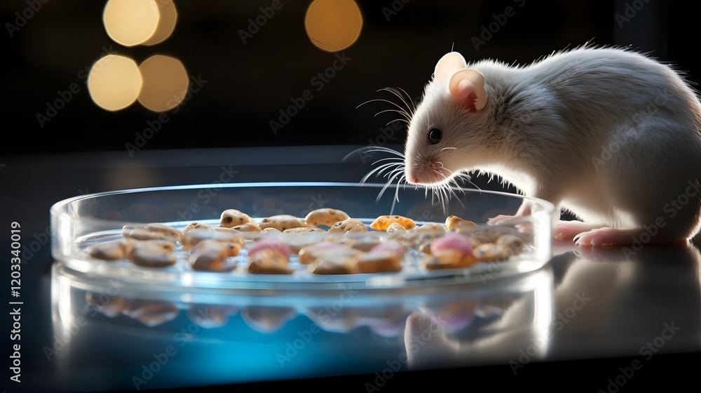 Poster close up shot of a lab mouse sniffing and investigating a food sample placed on a petri dish for sci