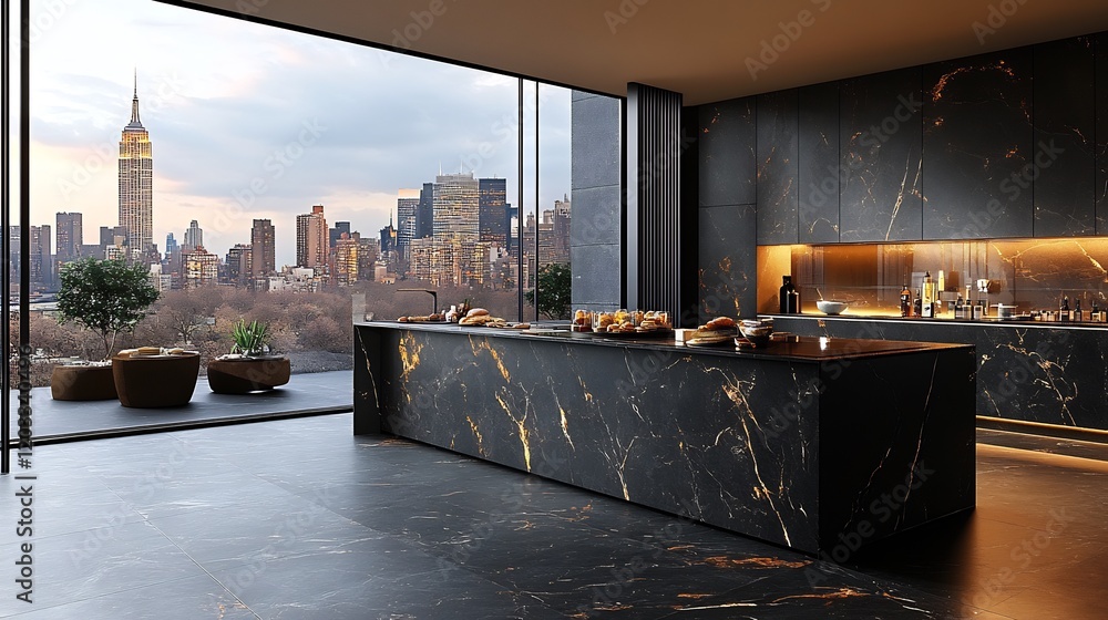 Poster sleek black marble countertop positioned by a large panoramic window ideal for displaying highend be