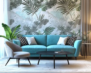 Fototapeta premium Teal sofa in living room with tropical wall mural.