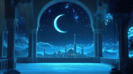 A stunning Islamic wallpaper with a night scene of a mosque, crescent moon, and stars, designed with an empty area for Ramadan messages