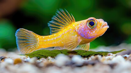 Obraz premium Yellow fish on aquatic plant, aquarium background, vibrant colors, nature scene, perfect for websites