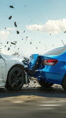 A white car being T-boned by a blue car, mid-impact, with glass shattering and realistic collision effects on a clean background.