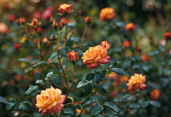 Sunset Rose Garden: A breathtaking close-up of a vibrant rose bush with blushing orange and yellow blooms nestled among lush green foliage. Captured in the soft glow of the setting sun.