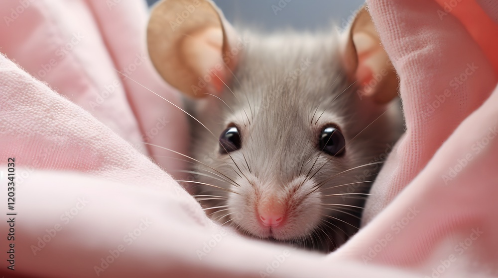 Poster a small curious mouse peeking out from bedding inside a modern minimalist laboratory enclosure with 