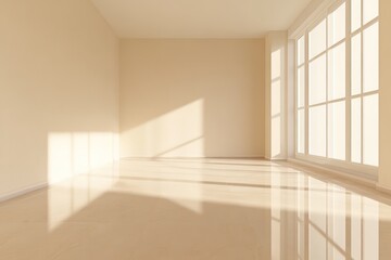 Obraz premium A simple, blank room with light-colored walls, seamless flooring, and soft reflections