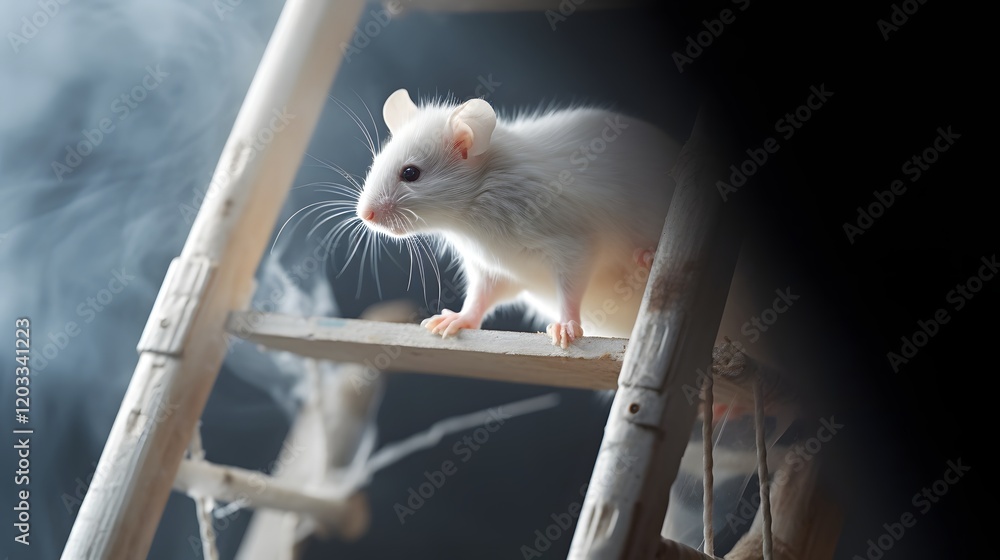 Poster closeup of a curious white mouse climbing up a plastic ladder inside a laboratory setting part of a 