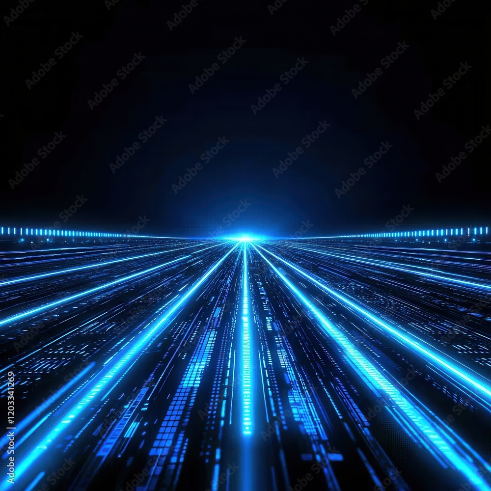 Poster dynamic blue light trails creating a futuristic scene in a digital environment