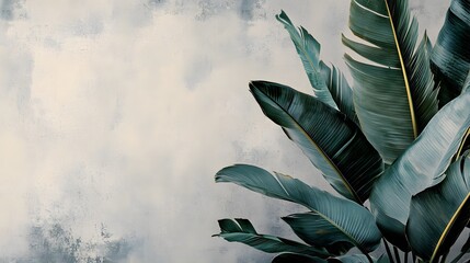 Lush Green Tropical Leaves Against Textured Wall