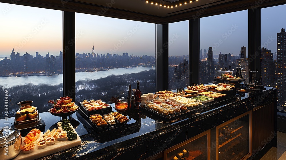Poster sleek black marble countertop positioned by a large panoramic window ideal for displaying highend be