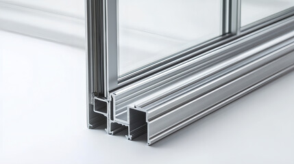 Aluminum profile frames double glazing isolated on white background. PVC metal silver color windows and doors detail cross section.