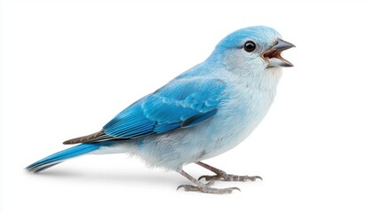 A small blue bird with its mouth open on a white background