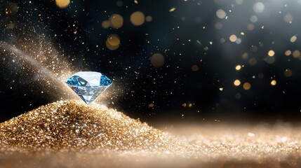 Fototapeta premium A blue diamond sitting on top of a pile of gold dust