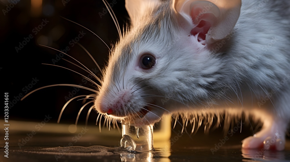 Poster intriguing close up view of a small furry lab mouse quenching its thirst by drinking from a speciali