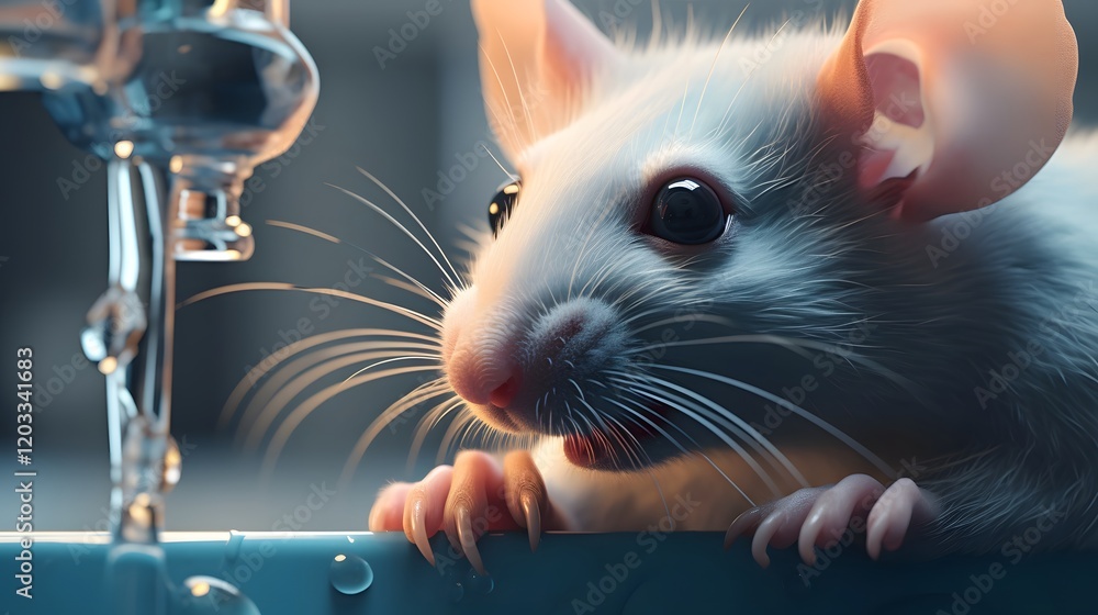 Poster detailed close up view of a lab mouse drinking from a water dispenser fixture during a scientific ex