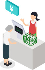 スーパーマーケットでの買い物客（高齢者）と店員のレジ風景イラスト