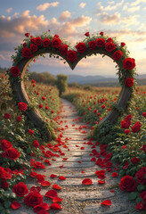 Heart-Shaped Rose Archway: A romantic path lined with red rose petals leads to a wooden archway shaped like a heart, adorned with lush blooming roses, creating a dreamy, idyllic scene.
